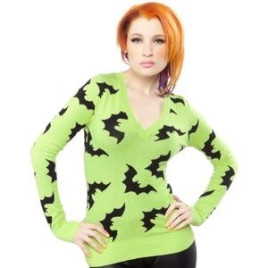 Sourpuss V Neck Green Bat Sweater